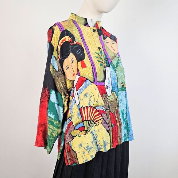 Chico’s 100% Silk Size 0/Small Geisha Japanese Women Art to Wear AOP Vintage - Picture 3 of 10
